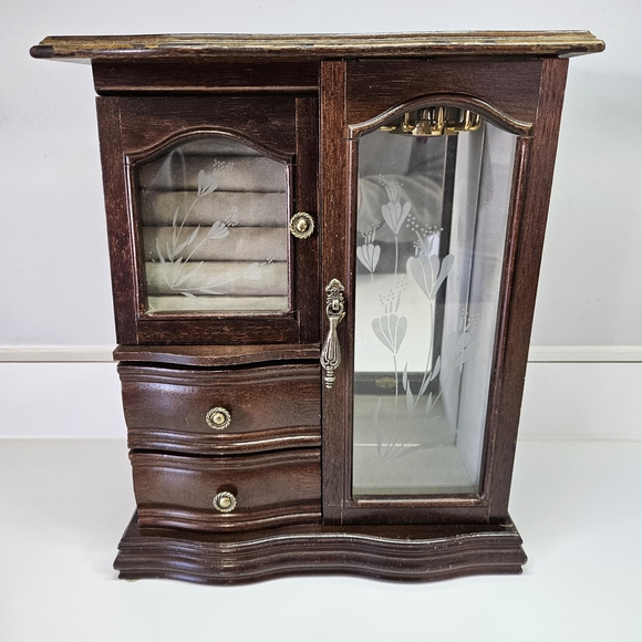 Vintage Other - VINTAGE Wood Armoire Jewelry Box Double Etched Flower Glass Doors